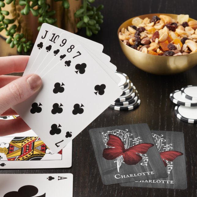 Red Rustic Butterfly Personalized Playing Cards (In Situ)