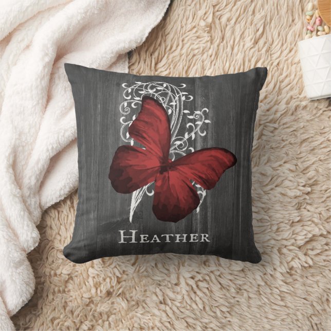 Red Rustic Butterfly Personalized Throw Pillow (Blanket)