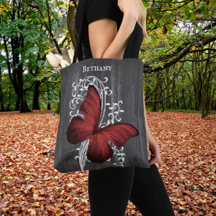Red Rustic Butterfly Personalized Tote Bag