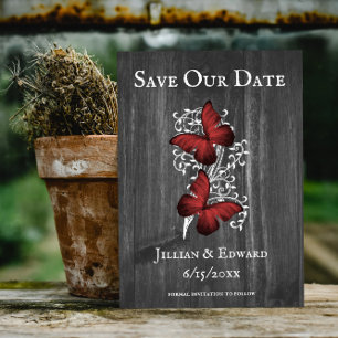 Red Rustic Butterfly Save The Date Announcement