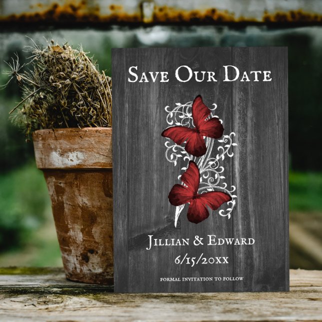 Red Rustic Butterfly Save The Date Announcement (Red Rustic Butterfly Save the Date)