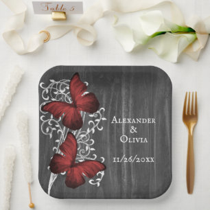 Red Rustic Butterfly Wedding Paper Plate