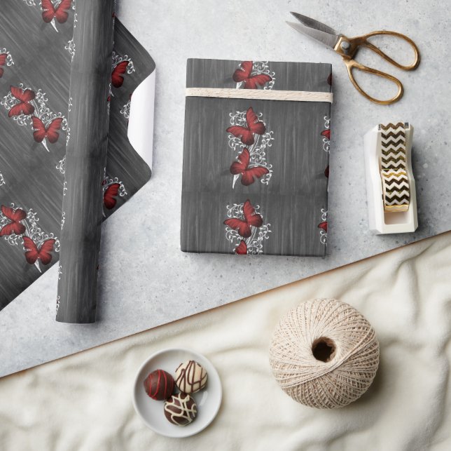 Red Rustic Butterfly Wedding Wrapping Paper (Crafts)
