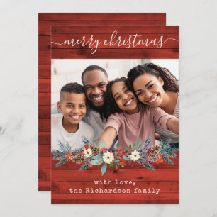 Red Rustic Christmas Greenery Photo and Script Holiday Card
