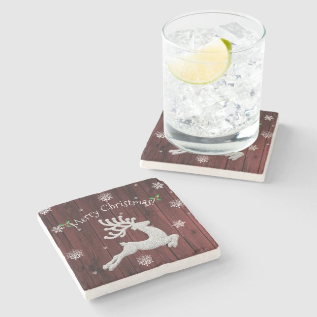 Red Rustic Christmas Reindeer Stone Coaster (Side)