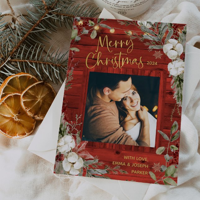 Red Rustic Christmas | Winter Floral and Photo Holiday Card (Creator Uploaded)