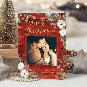 Red Rustic Christmas Winter Floral and Photo Holiday Card