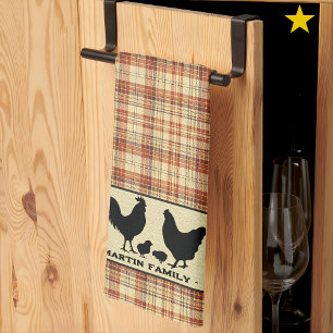 Red Rustic Farmhouse Plaid Chicken Family Name Kitchen Towel