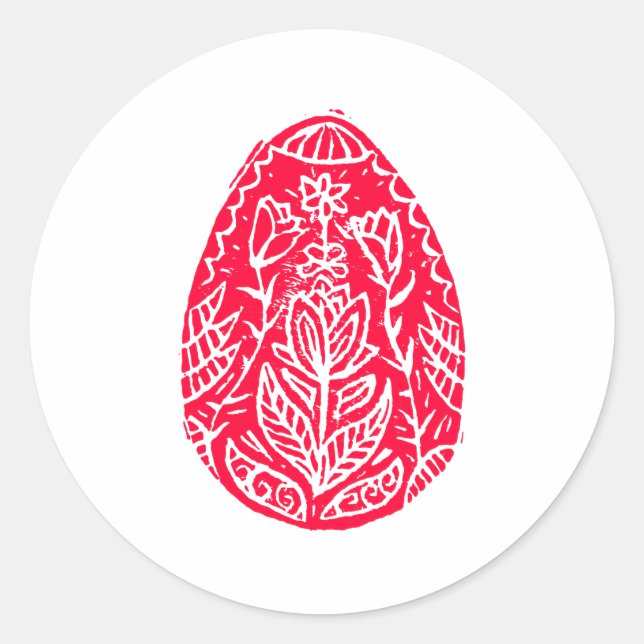 Red Rustic Floral Easter Egg Linocut Classic Round Sticker (Front)