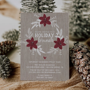 Red Rustic Floral Holiday Brunch Party Invitation