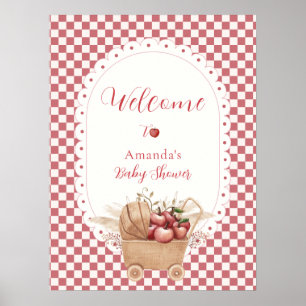 Red Rustic Gingham Boho Apple Baby Shower Welcome Poster