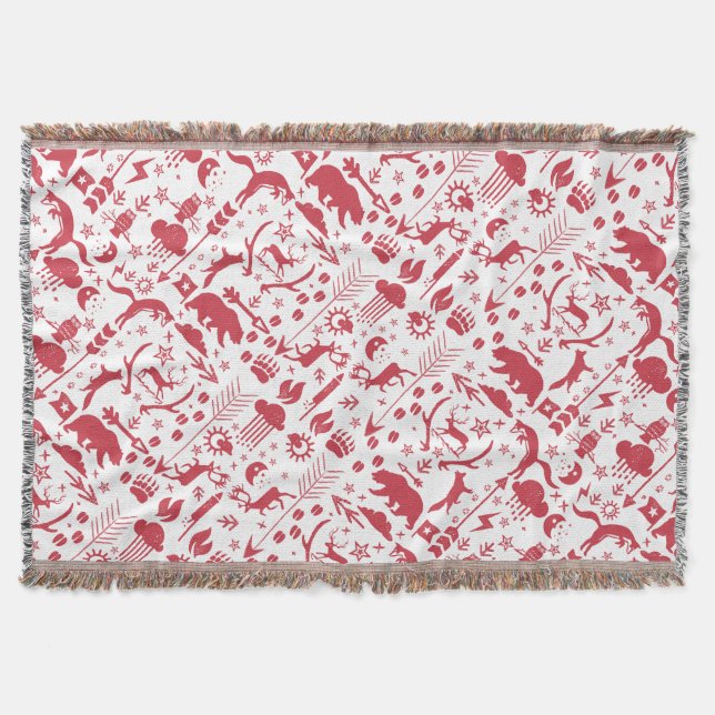 Red Rustic Holiday Moon Clouds Bear Deer Lodge Throw Blanket (Front)