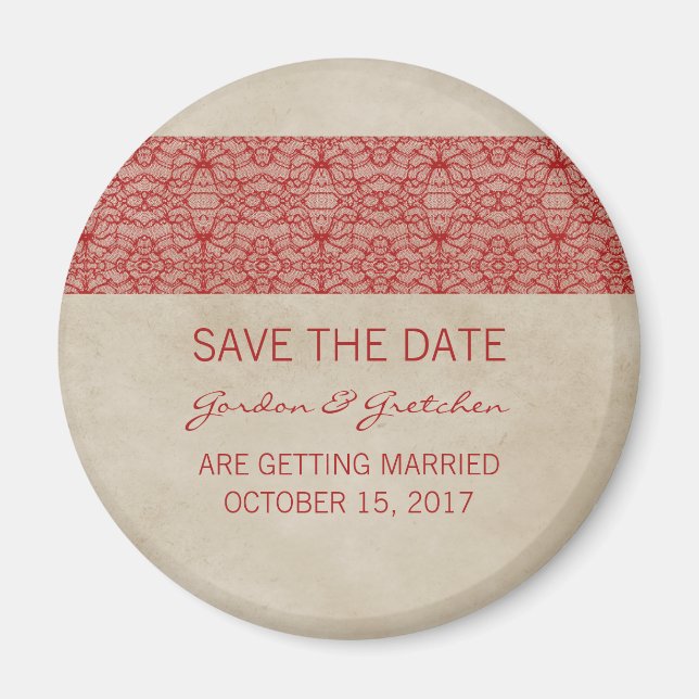 Red Rustic Lace Save the Date Magnet (Front)