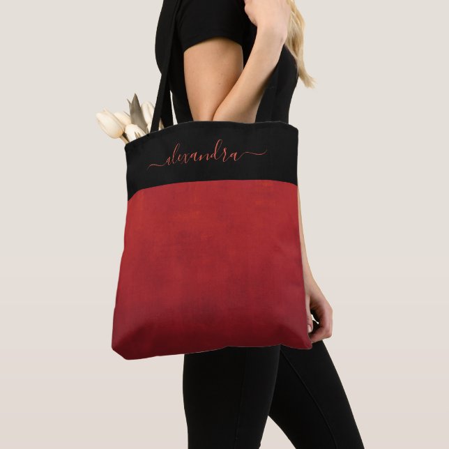 Red rustic ombre elegant personalized tote bag (Close Up)
