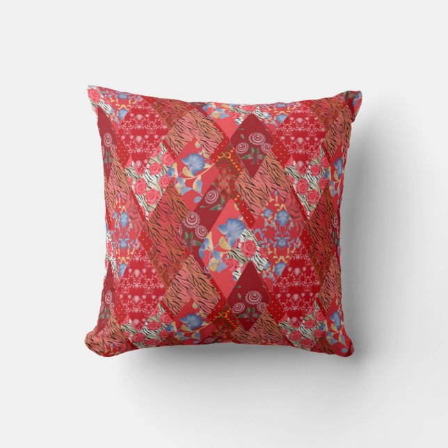 Red , rustic , patchwork throw pillow (Front)