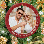 Red Rustic Photo Mr and Mrs Christmas Ceramic Ornament<br><div class="desc">Red rustic 2 photo Christmas ornament template to personalize with your names and year or other text. It's a perfect keepsake for newly weds and their families to remember the first Christmas as Mr. and Mrs. Customize with ease with your pictures,  family name and year before ordering. Happy Holidays!</div>