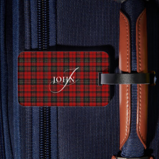Red Rustic Plaid Chic Typography Monogrammed Luggage Tag