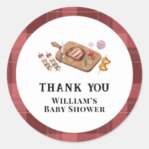Red Rustic Plaid Country Baby Q Baby Shower  Classic Round Sticker