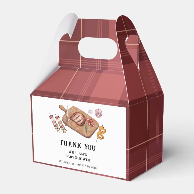 Red Rustic Plaid Country Baby Q Baby Shower  Favor Box (Front Side)