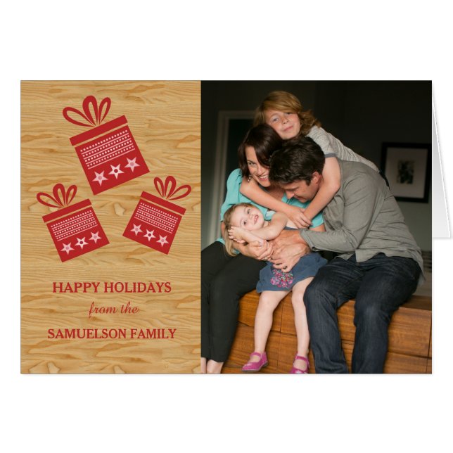 Red Rustic Presents Holiday Photo Card (Front Horizontal)