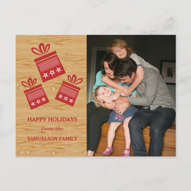 Red Rustic Presents Holiday Photo Postcard (Front)