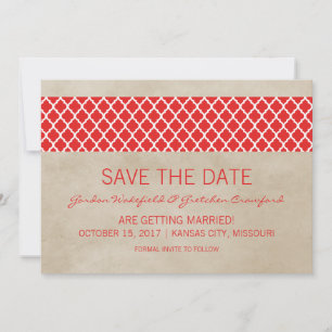 Red Rustic Quatrefoil Save the Date Invite