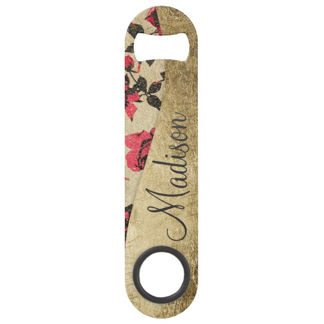 Red Rustic Roses on Faux Gold Monogram Speed Bottle Opener (Front)
