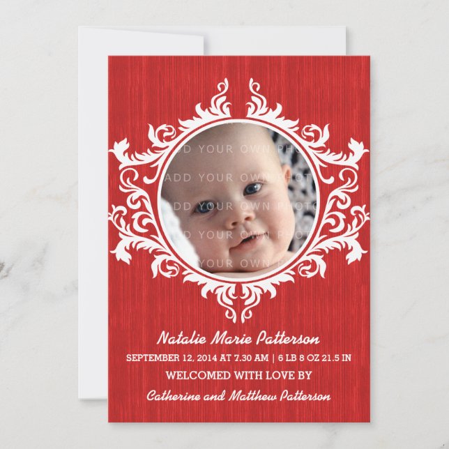 Red Rustic Swirls Baby Announcement (Front)