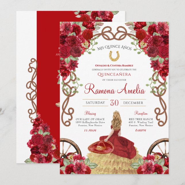 Red Rustic Western Floral Charro Quinceanera  Invitation (Front/Back)
