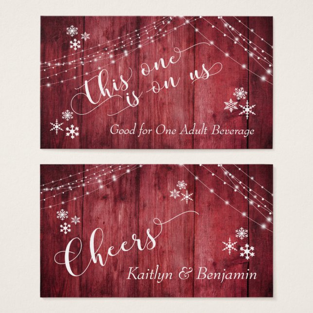 Red Rustic Wood, Lights & Snowflakes Drink Tickets (Front & Back)