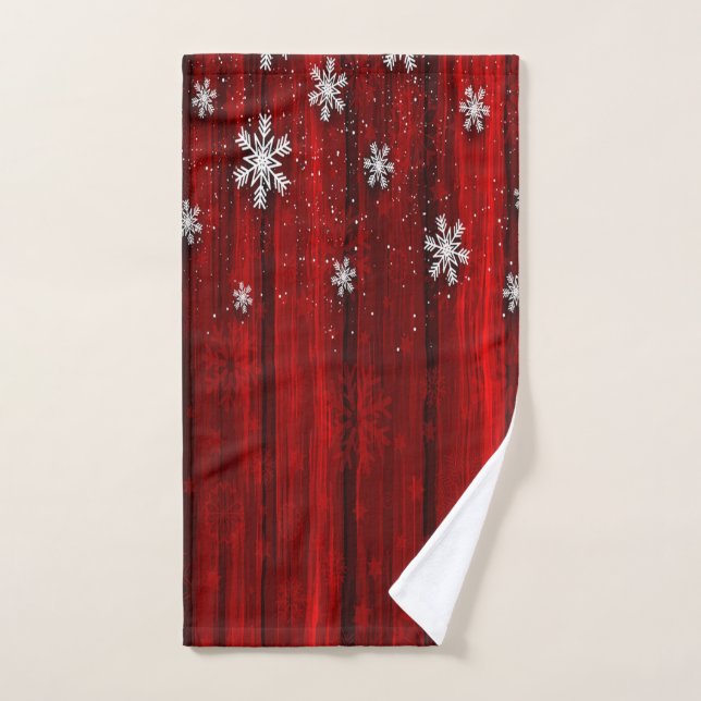Red Rustic Wood, Snowflakes Christmas Bath Towel Set (Hand Towel)