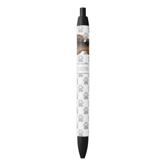 Red Sable Lhasa Apso Cartoon Dog & Name Black Ink Pen (Front Vertical)