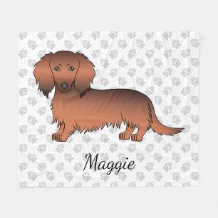 Red Sable Long Hair Dachshund Cartoon Dog & Name Fleece Blanket