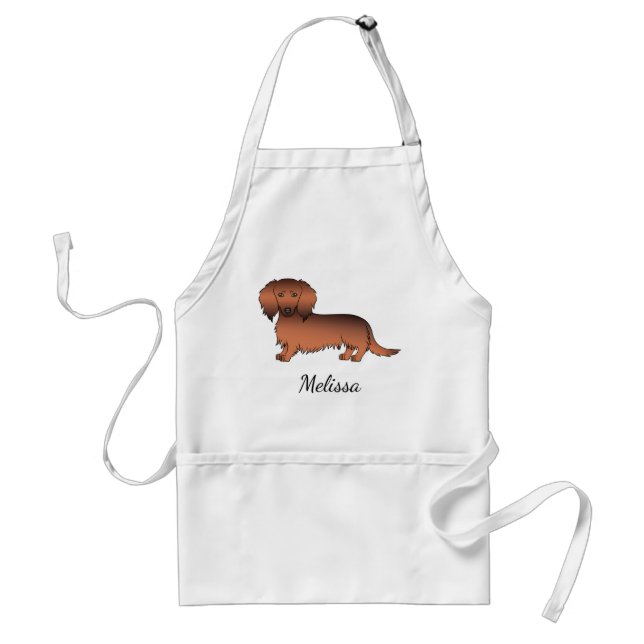 Red Sable Long Hair Dachshund Cartoon Dog & Name Standard Apron (Front)