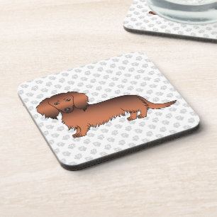 Red Sable Long Hair Dachshund Cartoon Dog & Paws Coaster