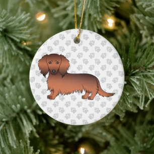 Red Sable Long Hair Dachshund Cartoon Dog & Text Ceramic Ornament