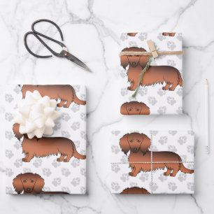 Red Sable Long Hair Dachshund Dog Pattern & Paws Wrapping Paper Sheet