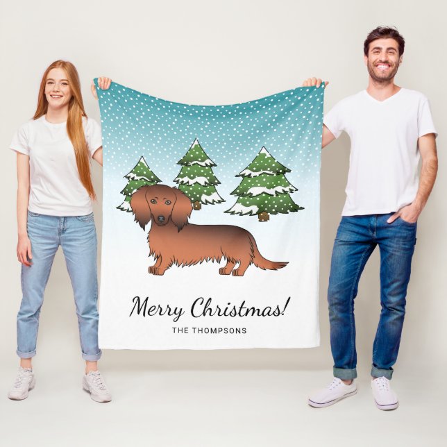Red Sable Long Hair Dachshund Dog - Winter Forest Fleece Blanket (In Situ)