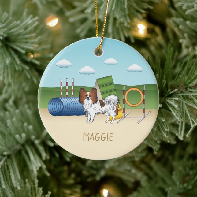 Red Sable Papillon Agility Dog With Custom Name Ceramic Ornament (Tree)