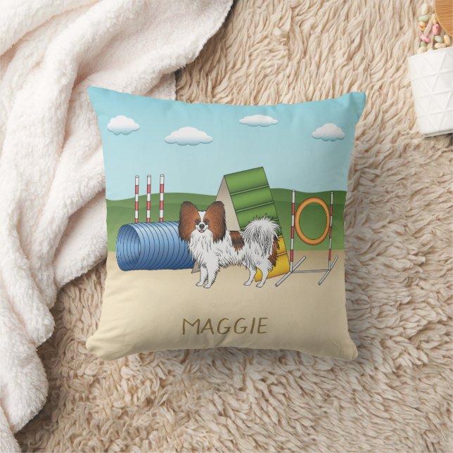 Red Sable Papillon Agility Dog With Custom Name Throw Pillow (Blanket)