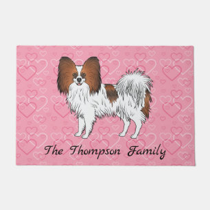 Red Sable Papillon Cute Cartoon Dog On Pink Hearts Doormat