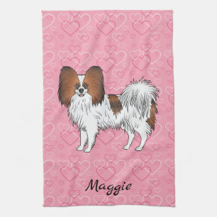 Red Sable Papillon Cute Cartoon Dog On Pink Hearts Kitchen Towel