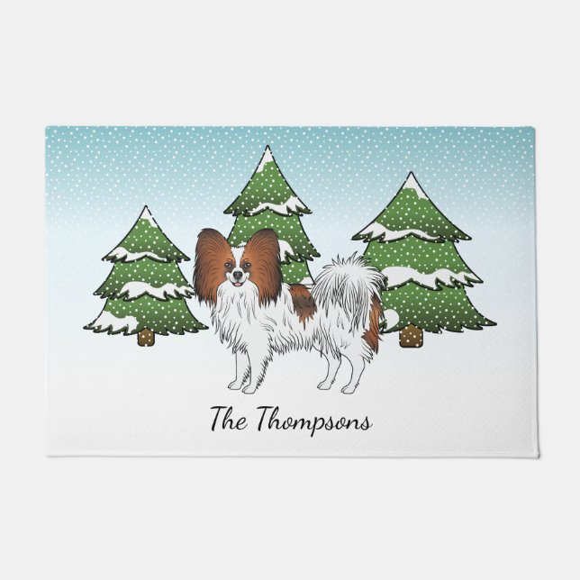 Red Sable Papillon Cute Dog In A Winter Forest Doormat (Front)