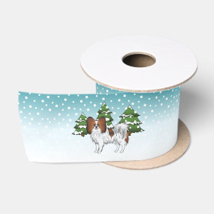 Red Sable Papillon Cute Dog In A Winter Forest Satin Ribbon