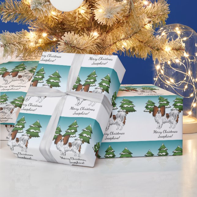 Red Sable Papillon Cute Dog In A Winter Forest Wrapping Paper (Holidays)