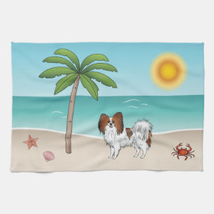 Red Sable Papillon Dog At A Tropical Summer Beach Kitchen Towel
