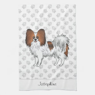 Red Sable Papillon Dog With Paws And Text Kitchen Towel