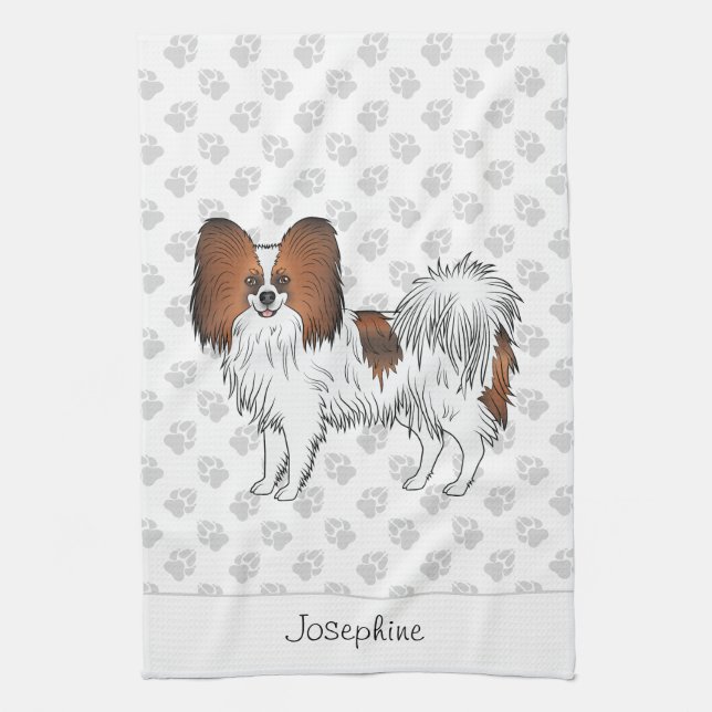 Red Sable Papillon Dog With Paws And Text Kitchen Towel (Vertical)