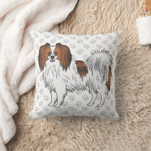 Red Sable Phalène Cartoon Dog On Grey Paw Prints Throw Pillow