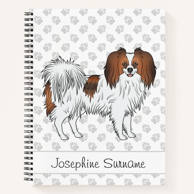 Red Sable Phalène Cartoon Dog With Text And Paws Notebook (Front)